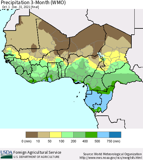 Western Africa Precipitation 3-Month (WMO) Thematic Map For 10/1/2021 - 12/31/2021