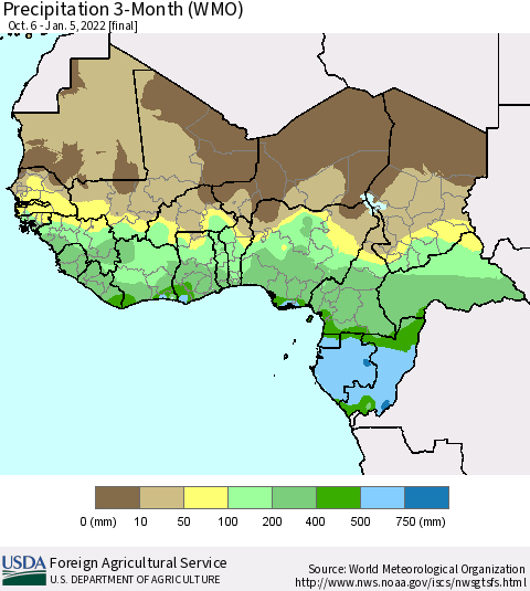 Western Africa Precipitation 3-Month (WMO) Thematic Map For 10/6/2021 - 1/5/2022