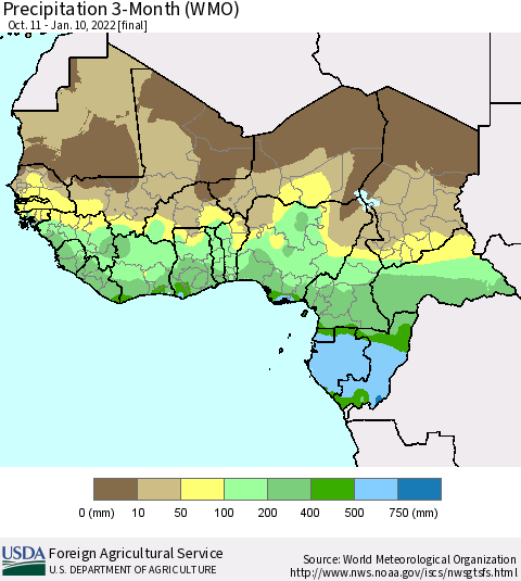Western Africa Precipitation 3-Month (WMO) Thematic Map For 10/11/2021 - 1/10/2022