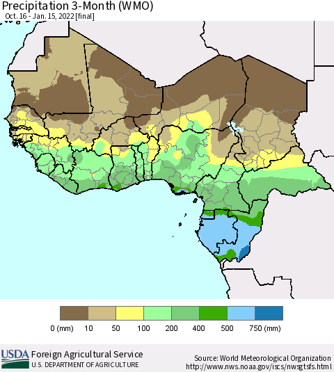 Western Africa Precipitation 3-Month (WMO) Thematic Map For 10/16/2021 - 1/15/2022