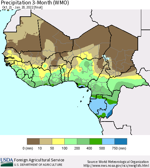 Western Africa Precipitation 3-Month (WMO) Thematic Map For 10/21/2021 - 1/20/2022