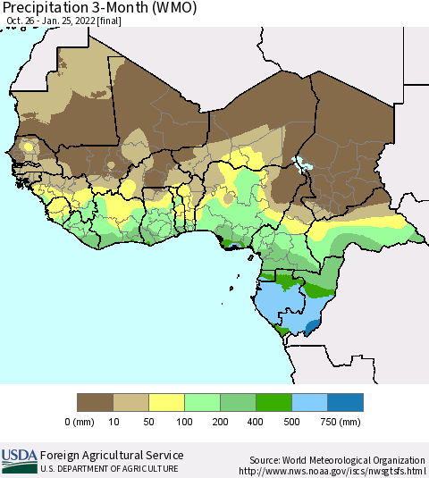 Western Africa Precipitation 3-Month (WMO) Thematic Map For 10/26/2021 - 1/25/2022