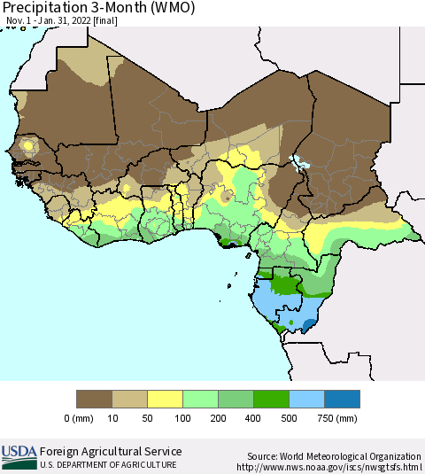 Western Africa Precipitation 3-Month (WMO) Thematic Map For 11/1/2021 - 1/31/2022