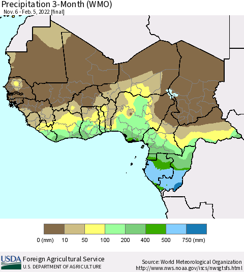 Western Africa Precipitation 3-Month (WMO) Thematic Map For 11/6/2021 - 2/5/2022