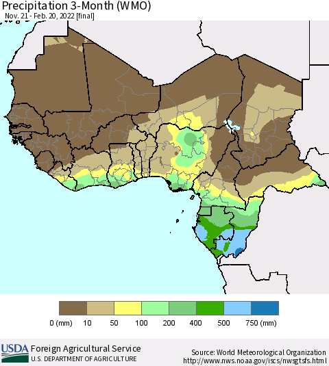 Western Africa Precipitation 3-Month (WMO) Thematic Map For 11/21/2021 - 2/20/2022