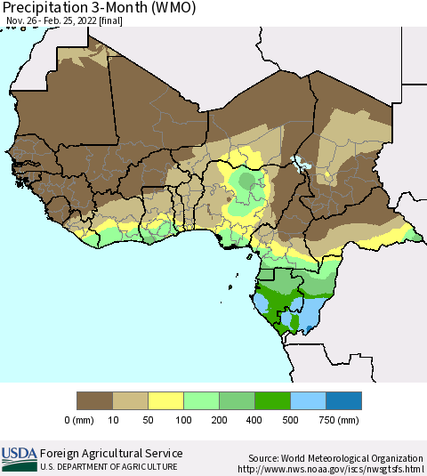 Western Africa Precipitation 3-Month (WMO) Thematic Map For 11/26/2021 - 2/25/2022