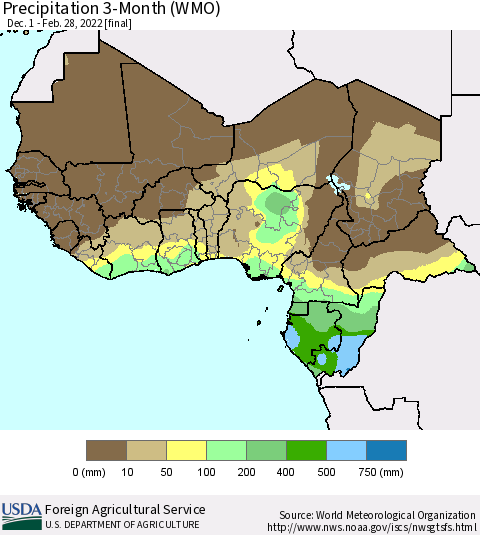 Western Africa Precipitation 3-Month (WMO) Thematic Map For 12/1/2021 - 2/28/2022