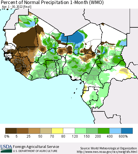 Western Africa Percent of Normal Precipitation 1-Month (WMO) Thematic Map For 4/1/2022 - 4/30/2022