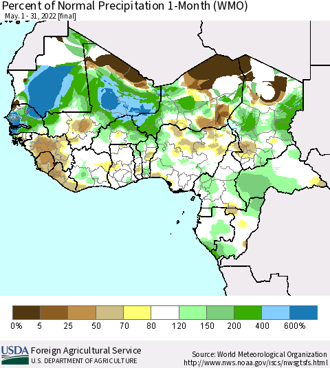 Western Africa Percent of Normal Precipitation 1-Month (WMO) Thematic Map For 5/1/2022 - 5/31/2022