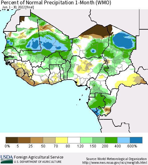 Western Africa Percent of Normal Precipitation 1-Month (WMO) Thematic Map For 6/1/2022 - 6/30/2022