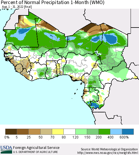 Western Africa Percent of Normal Precipitation 1-Month (WMO) Thematic Map For 8/1/2022 - 8/31/2022