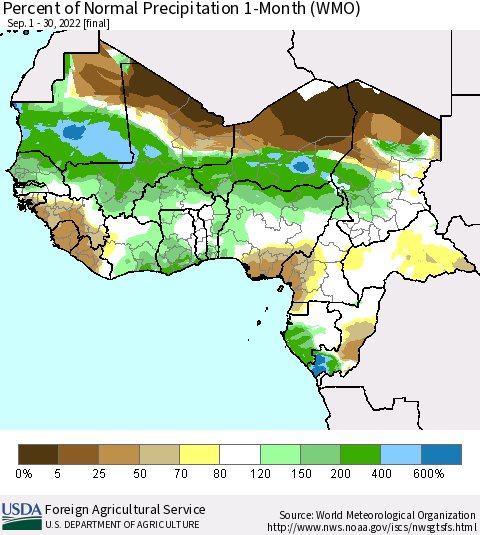 Western Africa Percent of Normal Precipitation 1-Month (WMO) Thematic Map For 9/1/2022 - 9/30/2022