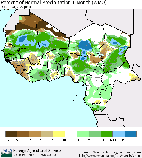 Western Africa Percent of Normal Precipitation 1-Month (WMO) Thematic Map For 10/1/2022 - 10/31/2022