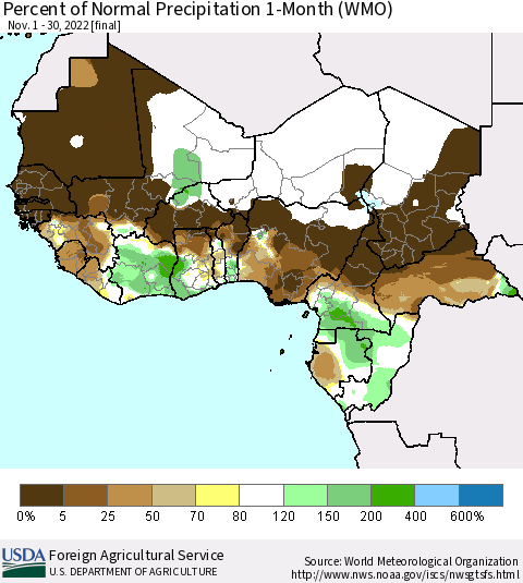 Western Africa Percent of Normal Precipitation 1-Month (WMO) Thematic Map For 11/1/2022 - 11/30/2022
