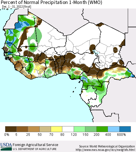 Western Africa Percent of Normal Precipitation 1-Month (WMO) Thematic Map For 12/1/2022 - 12/31/2022