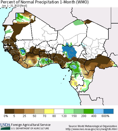 Western Africa Percent of Normal Precipitation 1-Month (WMO) Thematic Map For 1/1/2023 - 1/31/2023