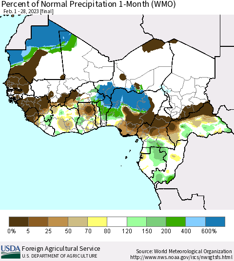 Western Africa Percent of Normal Precipitation 1-Month (WMO) Thematic Map For 2/1/2023 - 2/28/2023