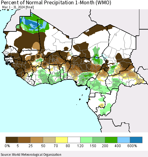Western Africa Percent of Normal Precipitation 1-Month (WMO) Thematic Map For 3/1/2024 - 3/31/2024