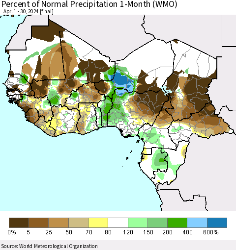 Western Africa Percent of Normal Precipitation 1-Month (WMO) Thematic Map For 4/1/2024 - 4/30/2024