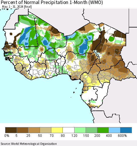 Western Africa Percent of Normal Precipitation 1-Month (WMO) Thematic Map For 5/1/2024 - 5/31/2024