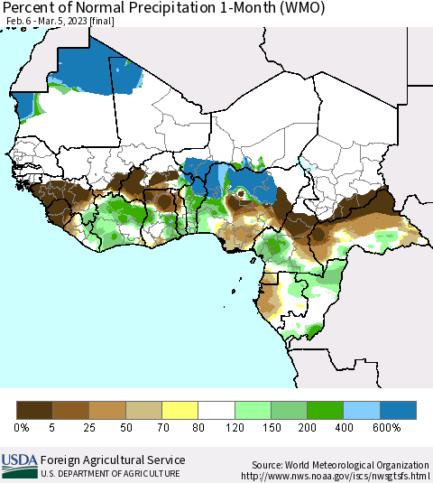 Western Africa Percent of Normal Precipitation 1-Month (WMO) Thematic Map For 2/6/2023 - 3/5/2023
