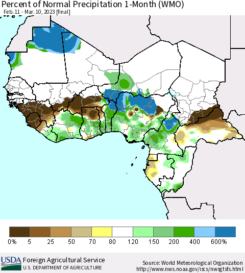 Western Africa Percent of Normal Precipitation 1-Month (WMO) Thematic Map For 2/11/2023 - 3/10/2023