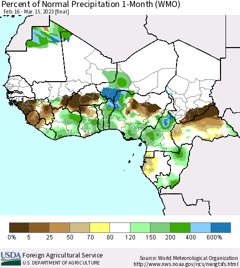 Western Africa Percent of Normal Precipitation 1-Month (WMO) Thematic Map For 2/16/2023 - 3/15/2023