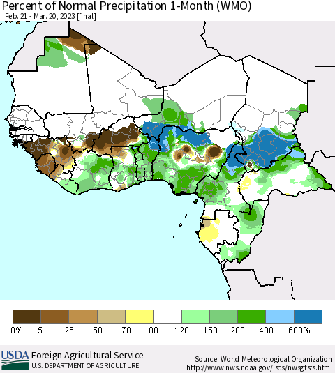 Western Africa Percent of Normal Precipitation 1-Month (WMO) Thematic Map For 2/21/2023 - 3/20/2023