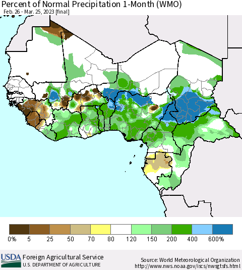 Western Africa Percent of Normal Precipitation 1-Month (WMO) Thematic Map For 2/26/2023 - 3/25/2023