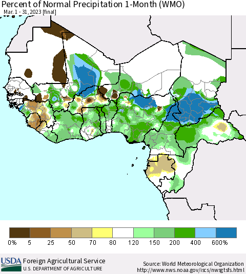 Western Africa Percent of Normal Precipitation 1-Month (WMO) Thematic Map For 3/1/2023 - 3/31/2023