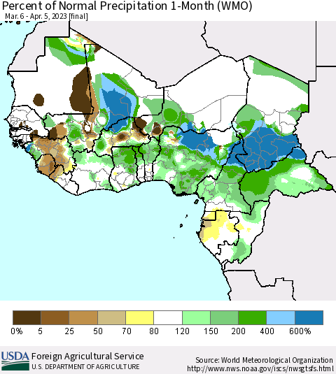 Western Africa Percent of Normal Precipitation 1-Month (WMO) Thematic Map For 3/6/2023 - 4/5/2023