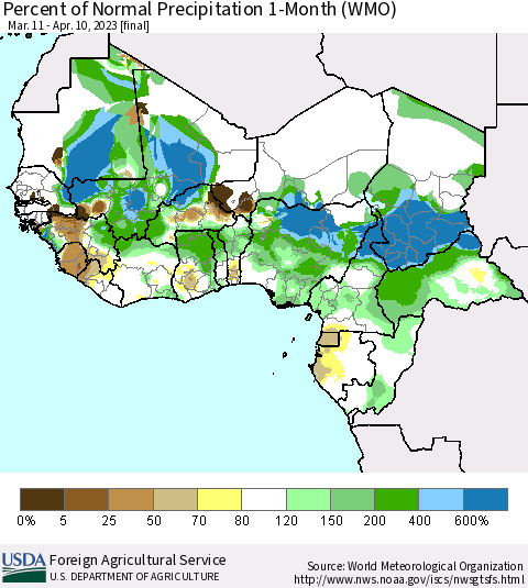 Western Africa Percent of Normal Precipitation 1-Month (WMO) Thematic Map For 3/11/2023 - 4/10/2023
