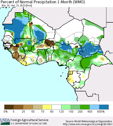 Western Africa Percent of Normal Precipitation 1-Month (WMO) Thematic Map For 3/16/2023 - 4/15/2023