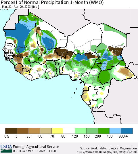 Western Africa Percent of Normal Precipitation 1-Month (WMO) Thematic Map For 3/21/2023 - 4/20/2023