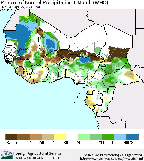 Western Africa Percent of Normal Precipitation 1-Month (WMO) Thematic Map For 3/26/2023 - 4/25/2023