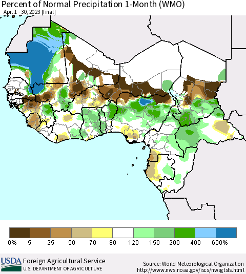 Western Africa Percent of Normal Precipitation 1-Month (WMO) Thematic Map For 4/1/2023 - 4/30/2023