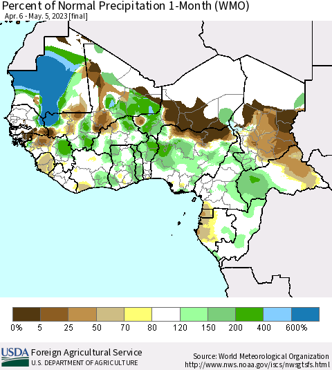 Western Africa Percent of Normal Precipitation 1-Month (WMO) Thematic Map For 4/6/2023 - 5/5/2023