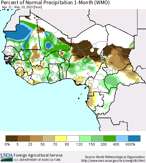 Western Africa Percent of Normal Precipitation 1-Month (WMO) Thematic Map For 4/11/2023 - 5/10/2023