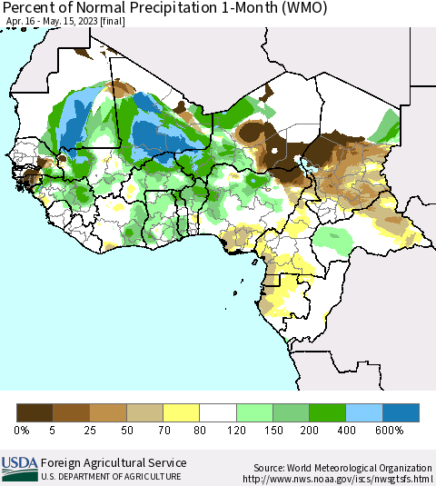 Western Africa Percent of Normal Precipitation 1-Month (WMO) Thematic Map For 4/16/2023 - 5/15/2023