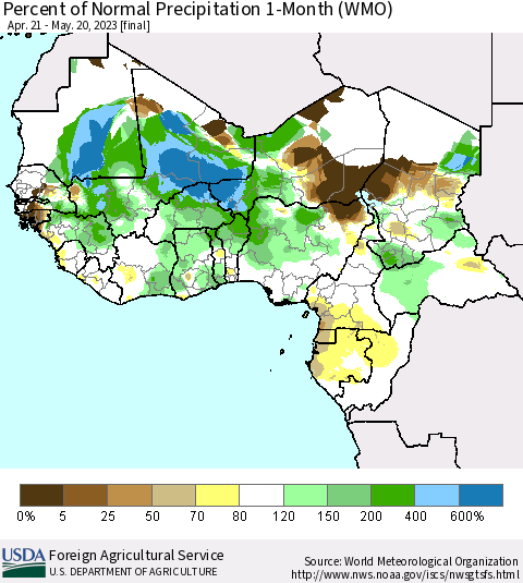Western Africa Percent of Normal Precipitation 1-Month (WMO) Thematic Map For 4/21/2023 - 5/20/2023