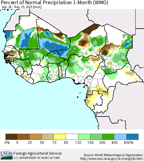 Western Africa Percent of Normal Precipitation 1-Month (WMO) Thematic Map For 4/26/2023 - 5/25/2023