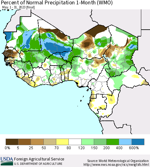 Western Africa Percent of Normal Precipitation 1-Month (WMO) Thematic Map For 5/1/2023 - 5/31/2023