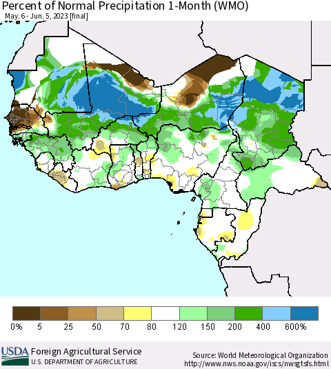 Western Africa Percent of Normal Precipitation 1-Month (WMO) Thematic Map For 5/6/2023 - 6/5/2023