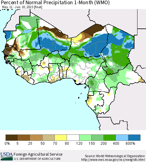 Western Africa Percent of Normal Precipitation 1-Month (WMO) Thematic Map For 5/11/2023 - 6/10/2023