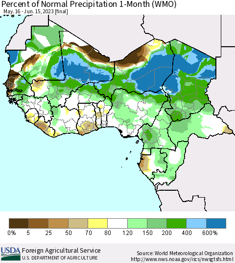 Western Africa Percent of Normal Precipitation 1-Month (WMO) Thematic Map For 5/16/2023 - 6/15/2023
