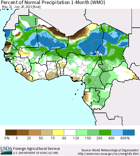 Western Africa Percent of Normal Precipitation 1-Month (WMO) Thematic Map For 5/21/2023 - 6/20/2023