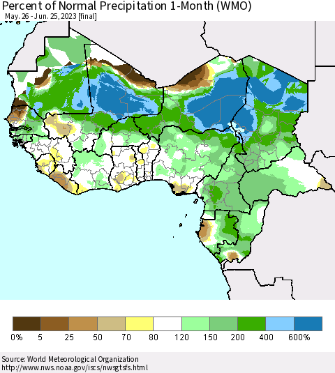Western Africa Percent of Normal Precipitation 1-Month (WMO) Thematic Map For 5/26/2023 - 6/25/2023