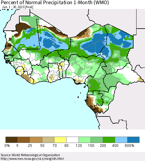 Western Africa Percent of Normal Precipitation 1-Month (WMO) Thematic Map For 6/1/2023 - 6/30/2023