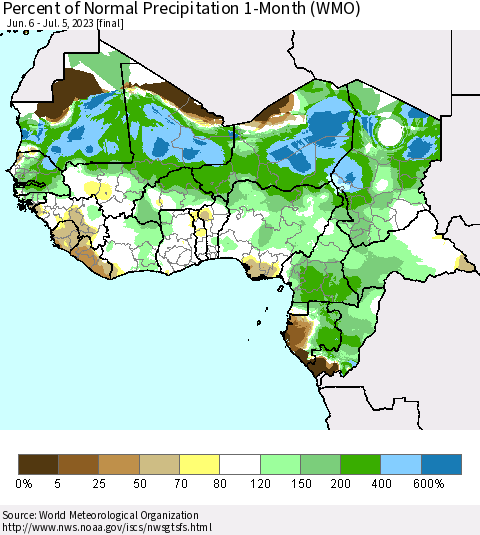 Western Africa Percent of Normal Precipitation 1-Month (WMO) Thematic Map For 6/6/2023 - 7/5/2023