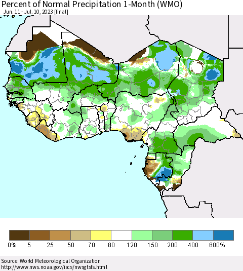 Western Africa Percent of Normal Precipitation 1-Month (WMO) Thematic Map For 6/11/2023 - 7/10/2023
